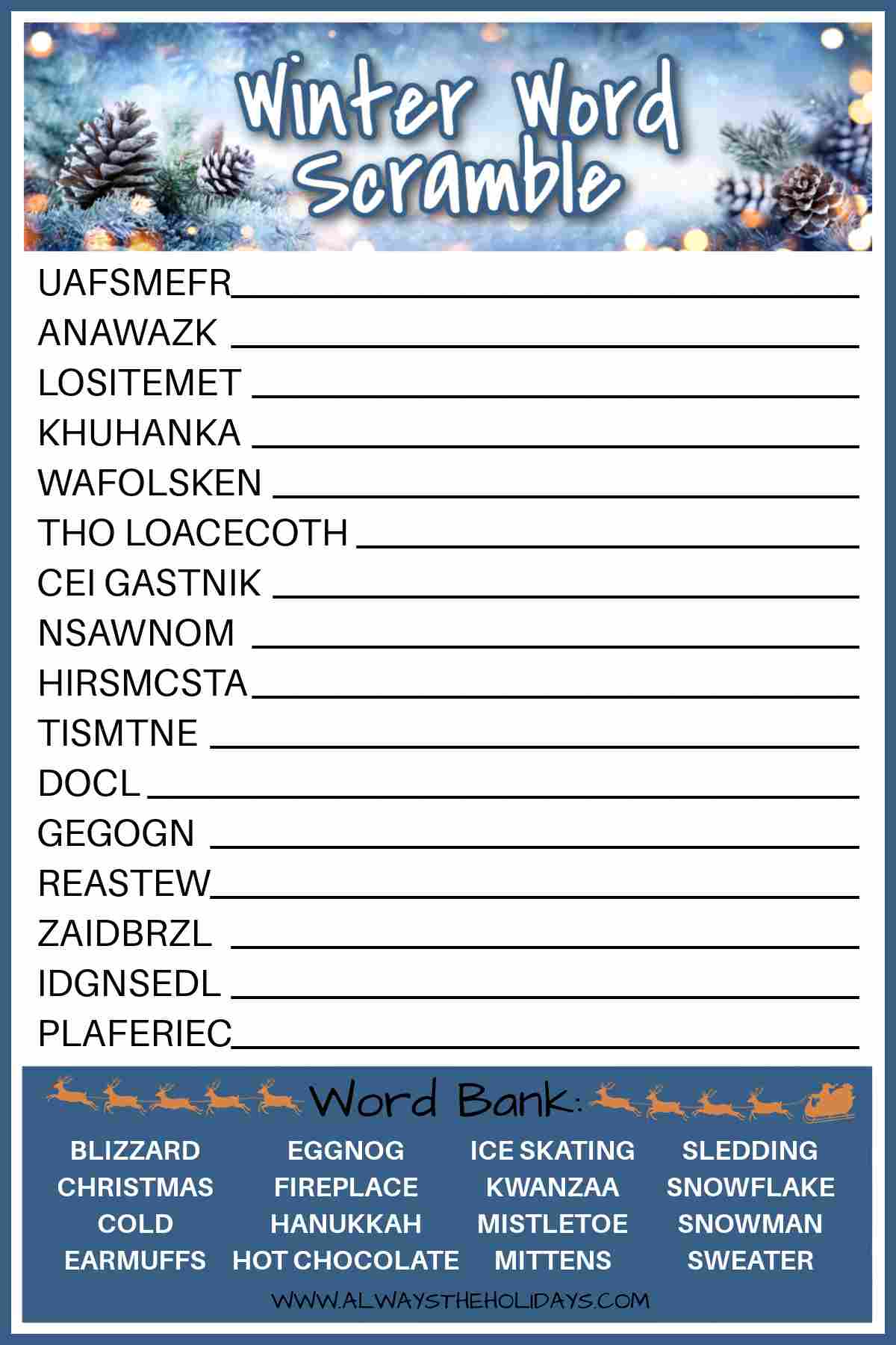 free winter word scramble printable with answer key included